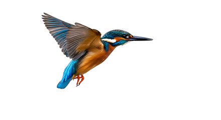 Fototapeta premium Common Kingfisher, in Flight with Wings Spread and Blue Tail Feathers, cutout, PNG isolated on white or transparent background