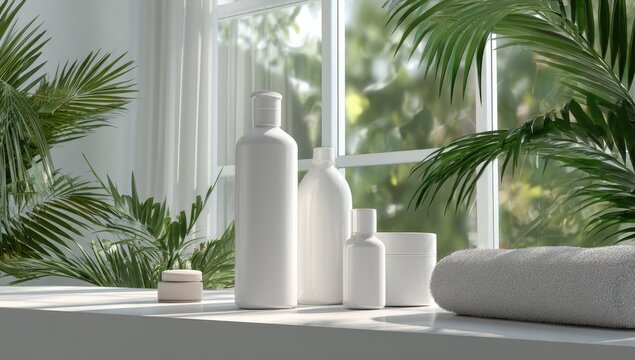 Spa-like, white bottles and towel near sunny window with plants
