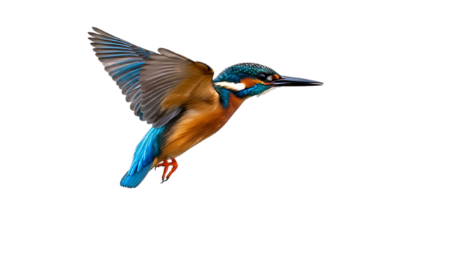 Common Kingfisher, in Flight with Wings Spread and Blue Tail Feathers, cutout, PNG isolated on white or transparent background