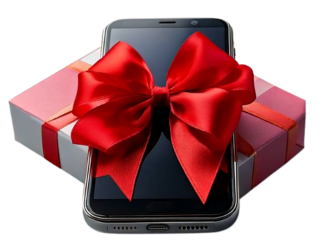 Minimalist Smartphone Present with Red Bow – Front Angle PNG