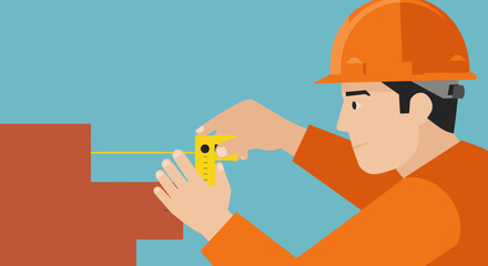 A construction worker in an orange hard hat precisely uses a laser level to ensure accurate alignment on a developing brick wall, demonstrating modern skills.