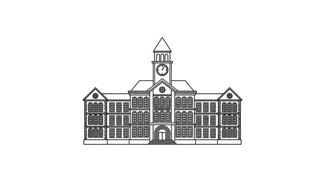 Detailed black and white line drawing of a grand institutional building with a prominent central clock tower and symmetrical wings.