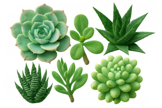 Succulent plants collection with various green echeveria, haworthia, and aloe species, isolated on transparent background