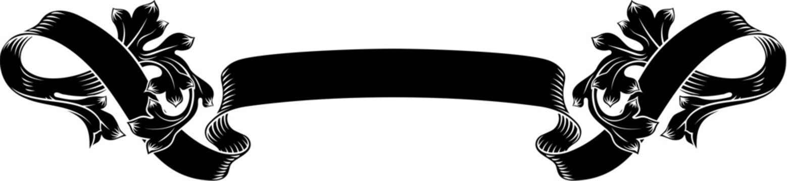 A scroll with filigree medieval crest coat of arms heraldic style pattern motif. In a vintage woodcut etching style.