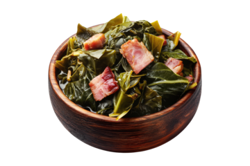 Cooked collard greens slow-cooked with crispy bacon slices served in wooden bowl, isolated on white transparent background, concept of traditional Southern cuisine