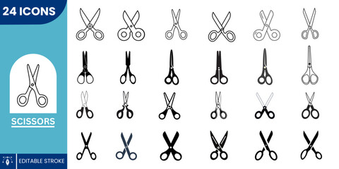 24 Stylish Scissors Icon Collection in Flat Vector Design for Sewing, Crafting, Barber Tools, and Office Supplies – Editable and High-Quality Icons.