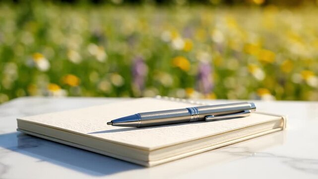 Elegant silver pen on a blank notebook outdoors in sunlight with a beautiful blurred background of vibrant green foliage and yellow purple flowers ideal