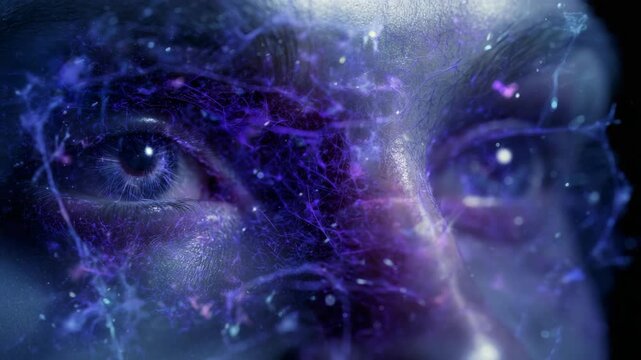 Close-up cosmic eyes with surreal purple and blue digital overlay