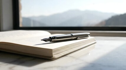 Elegant fountain pen resting on an open book by a window with a blurred mountain view bathed in soft natural light perfect for calm writing and reflective - Powered by Adobe