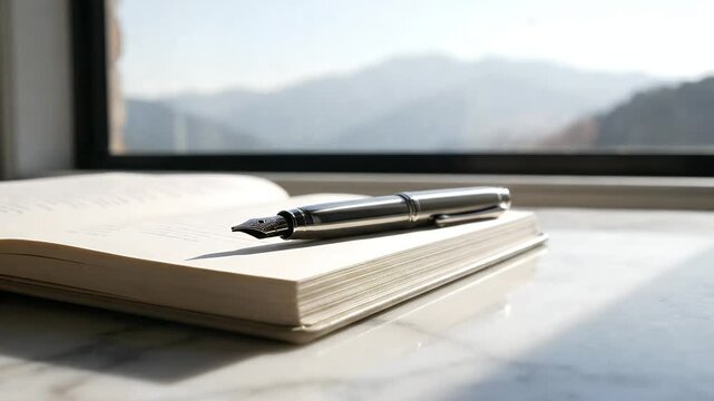 Elegant fountain pen resting on an open book by a window with a blurred mountain view bathed in soft natural light perfect for calm writing and reflective