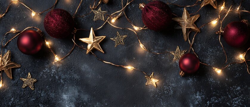 Dark background flat lay with gold stars, red ornaments, and small fairy lights  luxury festive tone.