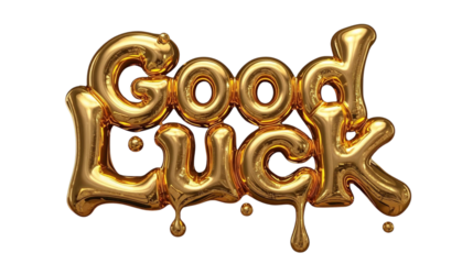 A visually striking, high-impact 3D rendering of the phrase "GOOD LUCK" stylized as inflated, shiny gold balloon letters.