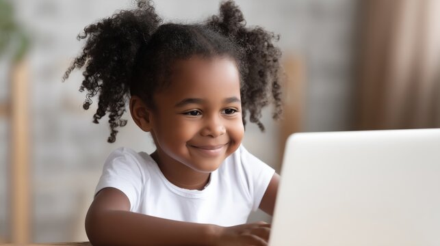 Close-up of a happy little african-american girl smiling while using a laptop for learning