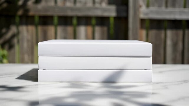 A pristine stack of three white blank boxes elegantly displayed on a luxurious white marble table bathed in natural outdoor light with beautiful leaf shadows