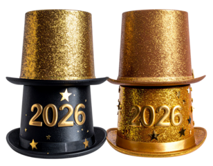 Elegant 2026 Celebration Hats with Gold Lettering and Glitter Finish isolated on transparent background