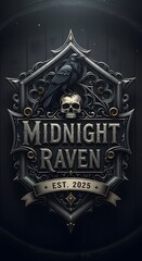 A dark and detailed emblem featuring a raven perched on a skull with intricate gothic design elements and the text 'Midnight Raven' along with 'Est. 2025' on a shield-shaped background