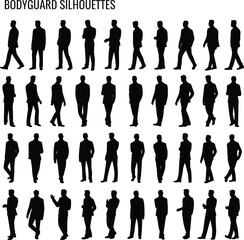 Bodyguard silhouettes, security poses, male figures, standing guards, alert stances, protective posture, black shadows, defense icons, uniformed men, tactical presence, 