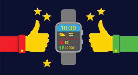 Smartwatch fitness tracker health app digital watch thumbs up stars editable