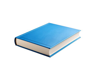 A Closed Blue Hardcover Book with White Pages Rests on a Transparent Background Casting a Subtle Shadow