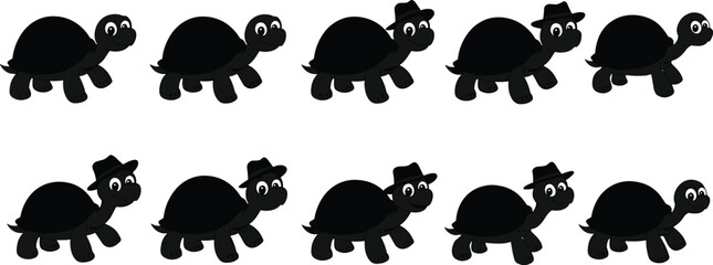 Cartoon turtle pattern, black hat turtle, alternating turtle design, cute turtle illustration, vector turtle grid, whimsical animal art, turtle character sequence, playful reptile concept