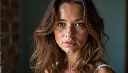 Fototapeta premium Close-up portrait of a beautiful young woman with long wavy hair and captivating green eyes in natural light 