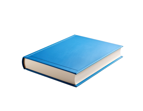 A Closed Blue Hardcover Book with White Pages Rests on a Transparent Background Casting a Subtle Shadow