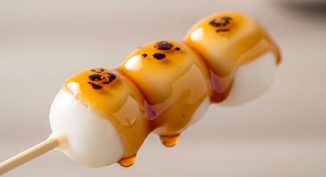 Close-up of sweet Japanese dango covered in a glossy glaze on a skewer