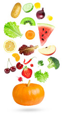 dynamic composition of various fresh fruits and vegetables falling or flying through the air, isolated on a solid transparent background.