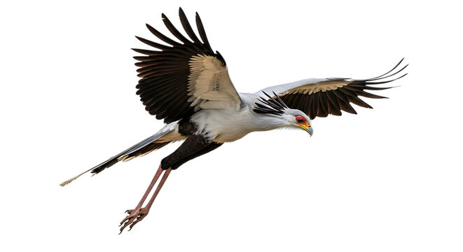 Secretary bird, in flight with wings spread and long legs extended, cutout, PNG isolated on white or transparent background - Powered by Adobe