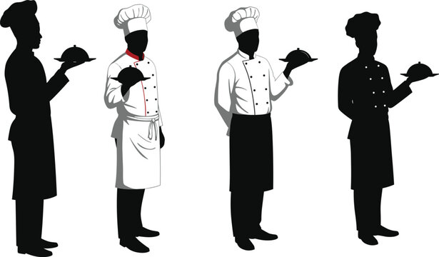 Chef silhouettes, professional kitchen staff, culinary team, restaurant service, chef uniform, serving dish, hospitality industry, gourmet presentation, food service, chef attire, teamwork, catering**