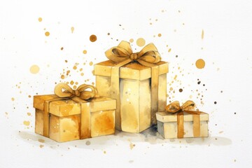 Naklejka premium Gifts watercolor background gold celebration decoration.