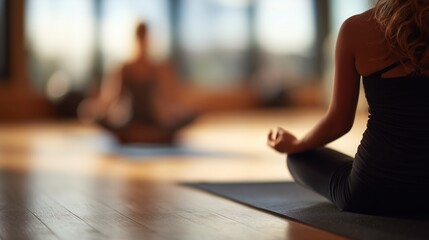 Close-up of a woman meditating in a yoga class on a mat in a bright, tranquil studio