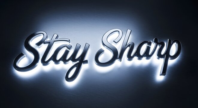 A modern neon sign displays the motivational phrase 'Stay Sharp' in bright white light against a dark background, creating a sleek and inspiring visual effect