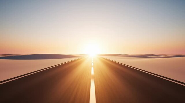 Vast desert road stretching towards a brilliant golden sunset or sunrise illuminating the path ahead with warm light A scenic journey representing hope