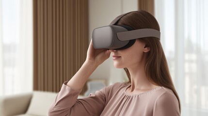 Close-up of a young woman wearing a virtual reality headset and exploring a digital world indoors