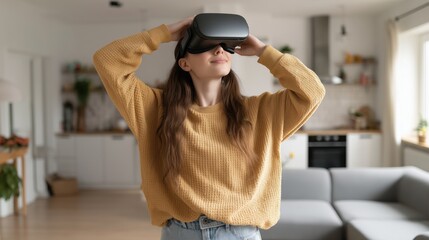Smiling young woman wearing virtual reality headset and experiencing a digital world in modern apartment