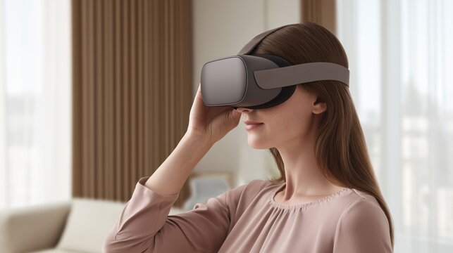 Close-up of a young woman wearing a virtual reality headset and exploring a digital world indoors