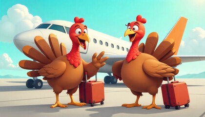Two Funny Turkeys Waving Goodbye for Thanksgiving Vacation Flight
