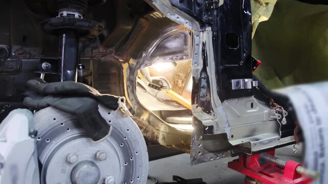 Working gloves on bare wheel of broken car in repair workshop closeup. Restoring automobile after accident on hydraulic lift at service station