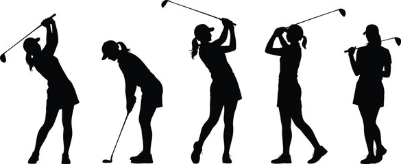 Golf swing silhouette, female golfer motion, athletic posture, sports technique, training sequence, dynamic movement, black figure, white background, instructional image, golf club action**