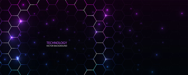 Abstract purple technology background. Digital hexagons vector bg with honeycomb for bio medicine and science technology design.