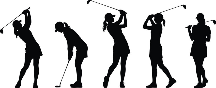 Golf swing silhouette, female golfer motion, athletic posture, sports technique, training sequence, dynamic movement, black figure, white background, instructional image, golf club action**