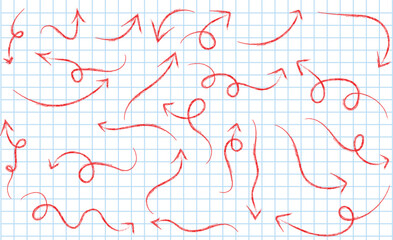 Red pen arrow line pencil art doodle collection. Hand drawn red pen arrows and scribbles at blue grid notebook background. Crayon pencil arrow doodles for hand drawn diagram, infographic, education