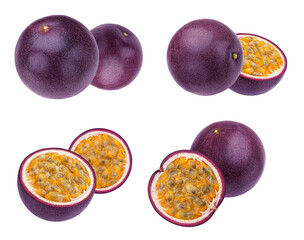 collection of fresh passion fruits, featuring both whole purple fruits and halves revealing the juicy yellow pulp and seeds.