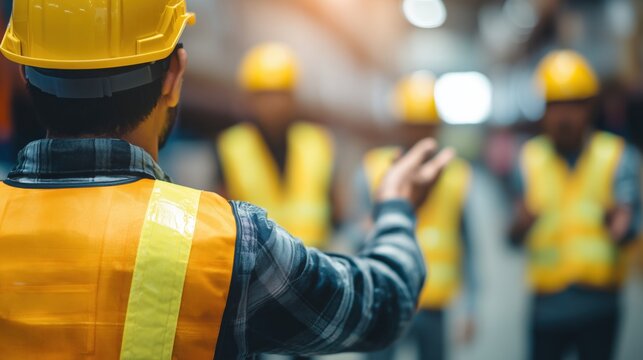 Young foreman or supervisor wearing a hard hat and safety vest giving instructions to a group of factory workers