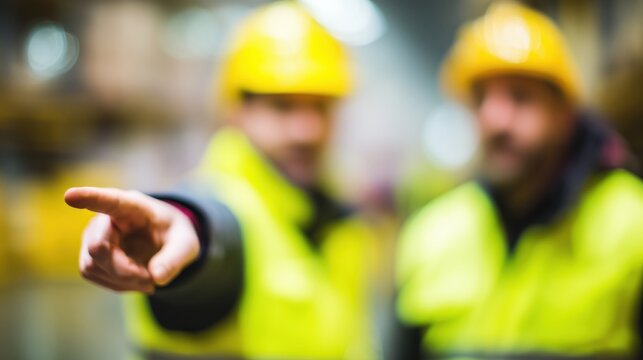 Two blur construction workers wearing high-visibility jackets and hard hats pointing out a problem on site