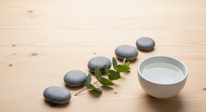 Zen Spa Stones and Water on Wood with Copy Space perfect for spa website, wellness blog, beauty marketing, health
