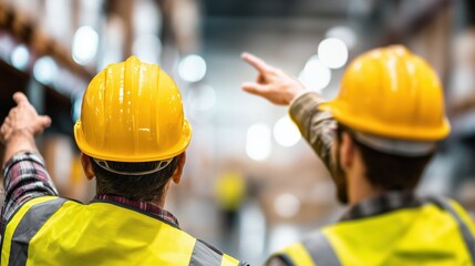 Two warehouse workers in yellow hard hats pointing up at stock shelves in a large distribution facility