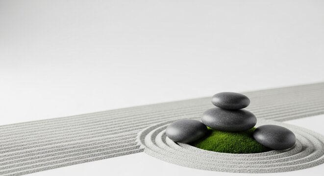 Zen Garden with Stacked Stones and Moss on Raked Sand perfect for Spa and wellness promotions, meditation apps, holistic