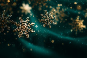 Dark emerald green background with golden snowflakes and soft glowing lights, elegant holiday atmosphere.